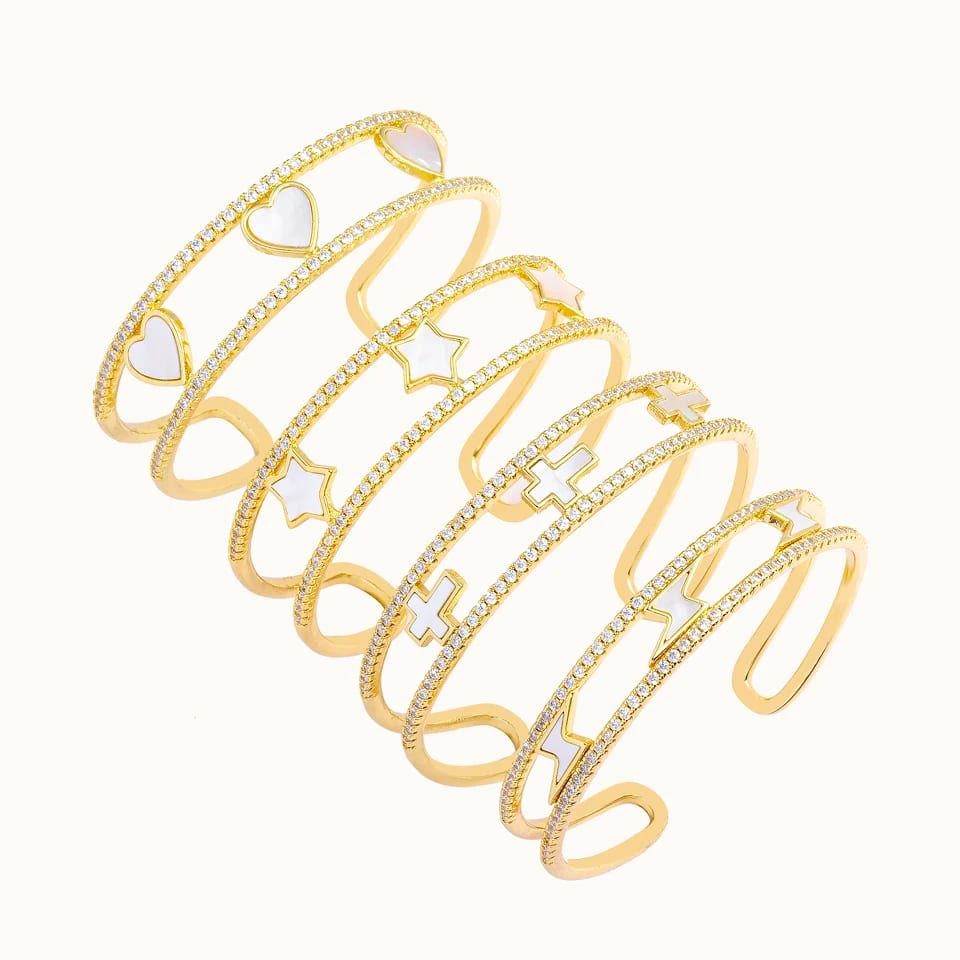 Fashion Double Layered Hollowed Design Cross Heart Lightning Crystal 18k Gold Plated Adjustable Open Cuff Bracelets For Women Bracelet