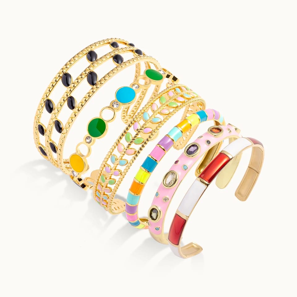 New Arrived Rainbow Open Cz Cuff Bangle Multi Color Enamel Bangles Jewelry Women 18k Gold Plated Bangles For Women Bracelet