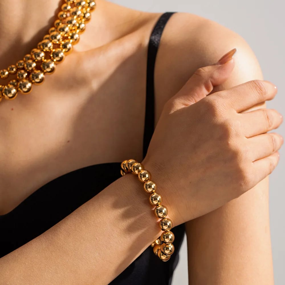 Wholesale Waterproof Jewelry 18k Gold Plated 8mm Round Bead Ball Bracelet Stretchable Elastic Bracelets For Women Bracelet