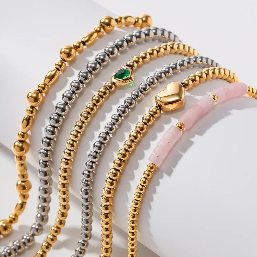Custom Jewelry Manufacturer Waterproof Stainless Steel 18k Gold Plated Zircon Stone Heart Charm Round Ball Beaded Bracelet Set Bracelet