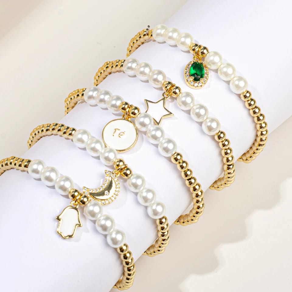 Wholesale Gold Beaded Bracelets Sets For Women 18k Gold Plated Stackable Bracelets Pearl Stretch Gold Bead Charm Bracelet Bracelet