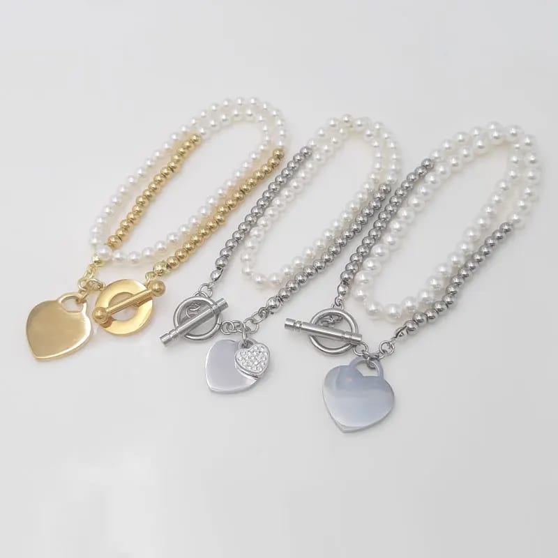 New Arrival Stainless Steel Heart Tags Charm Bracelet Jewelry 18k Gold Plated Wrap Bead Bracelet With Pearl Women Bracelet Bracelet