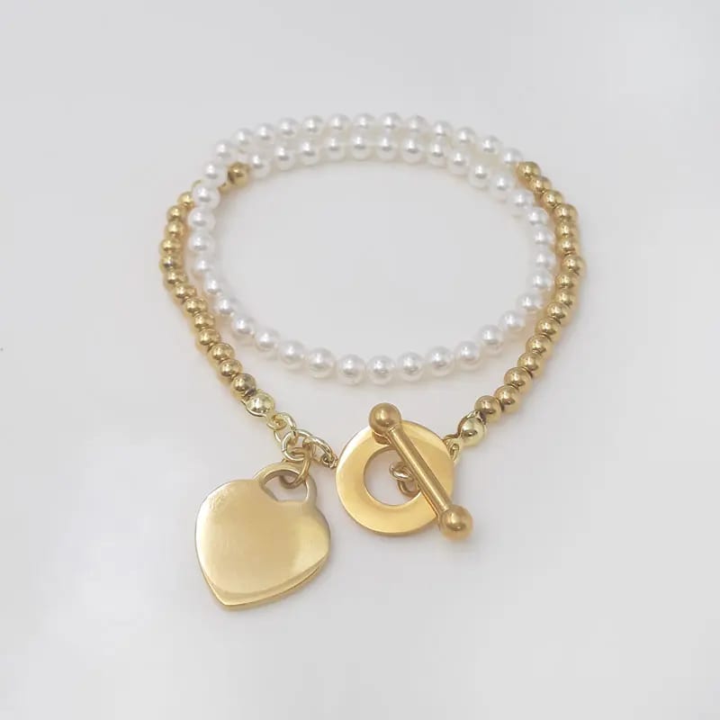 High Quality New Design 18k Gold Plated Stainless Steel Heart Charm Beaded Pearl Double Wrap Bracelet Bracelet