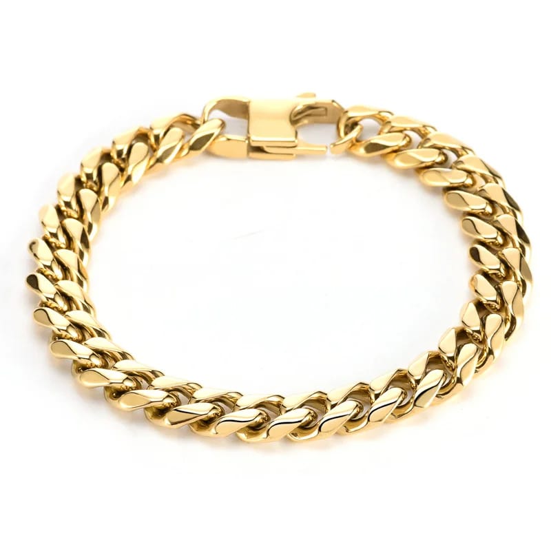 Wholesale 18k 14k Real Gold Plated Cuban Link Chain Men’s Gold Sideways Bracelet Titanium Steel Bracelet