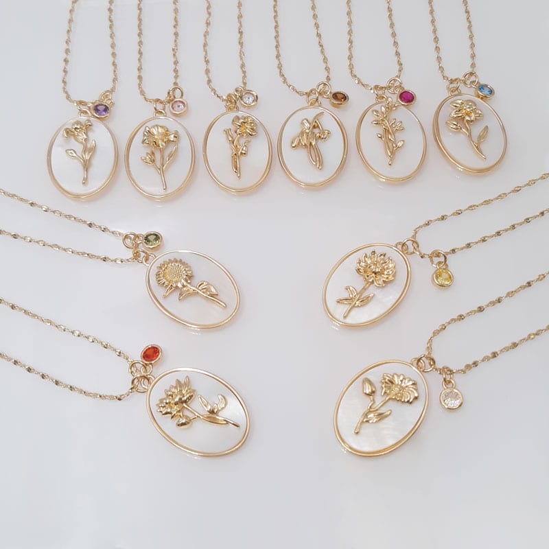 Unique Design Shell Metal BirthFlower Colorful Zircon Charm Necklace
