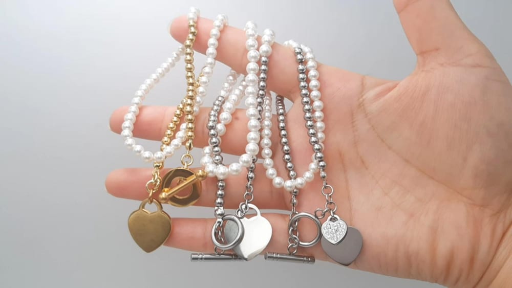 Wrap Stainless Steel Beads Pearl Classic Heart Pendant OT clasp Gold and Silver Bracelet