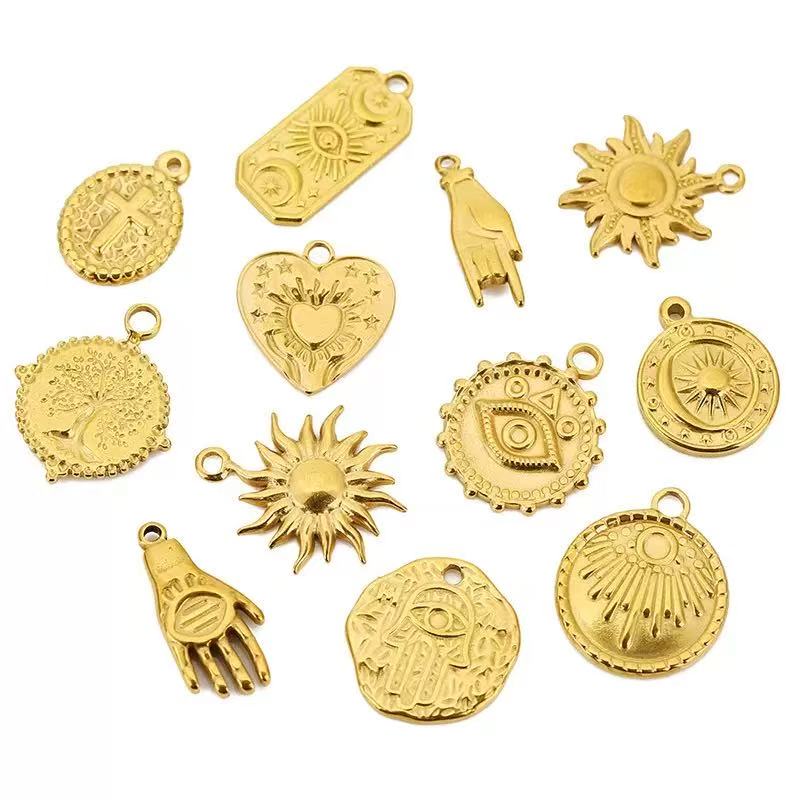 Multi-shape vintage embossed charms, stainless steel gold pendants for DIY jewelry making