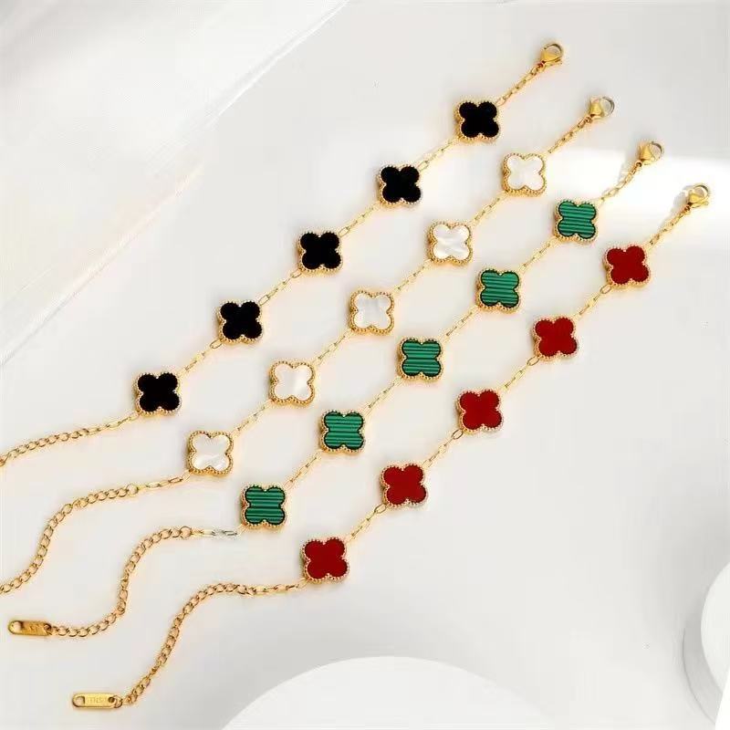 18K Gold Lucky Four Leaf Clover Bracelet, Double Sided Mother of Pearl, Trendy Versatile Fashion Bracelet