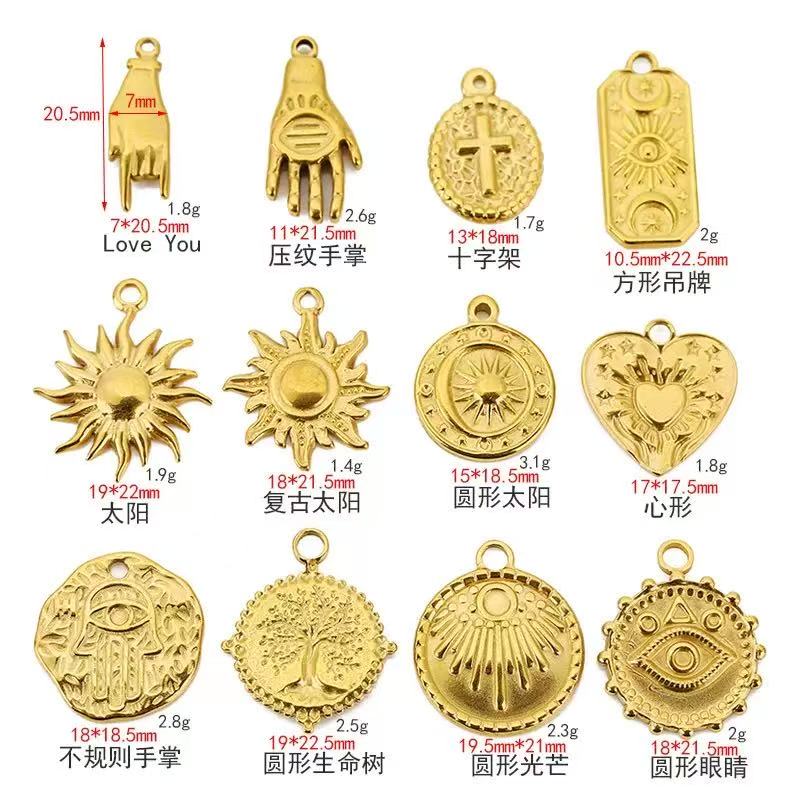 Size chart of multi-shape vintage embossed stainless steel gold pendants for DIY jewelry