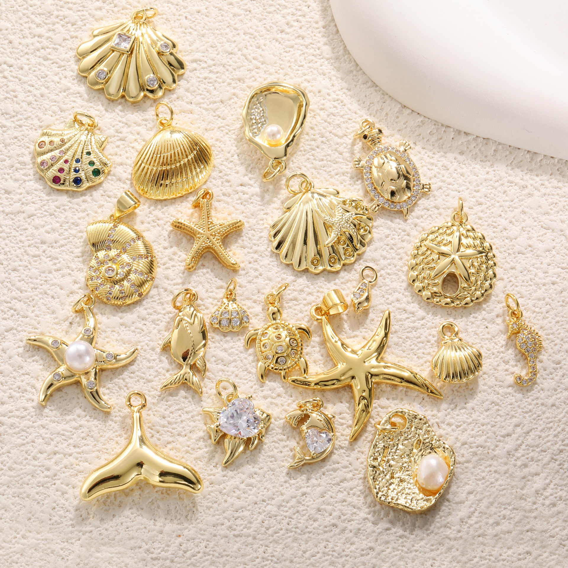 Ocean shell, starfish and conchar charms, real gold plated copper pendants for DIY bracelet, necklace and earring making