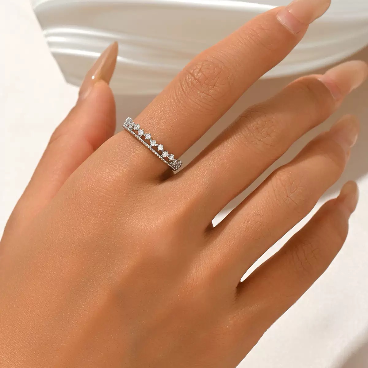 Close-up of full paved moissanite crown design on solid S925 silver ring