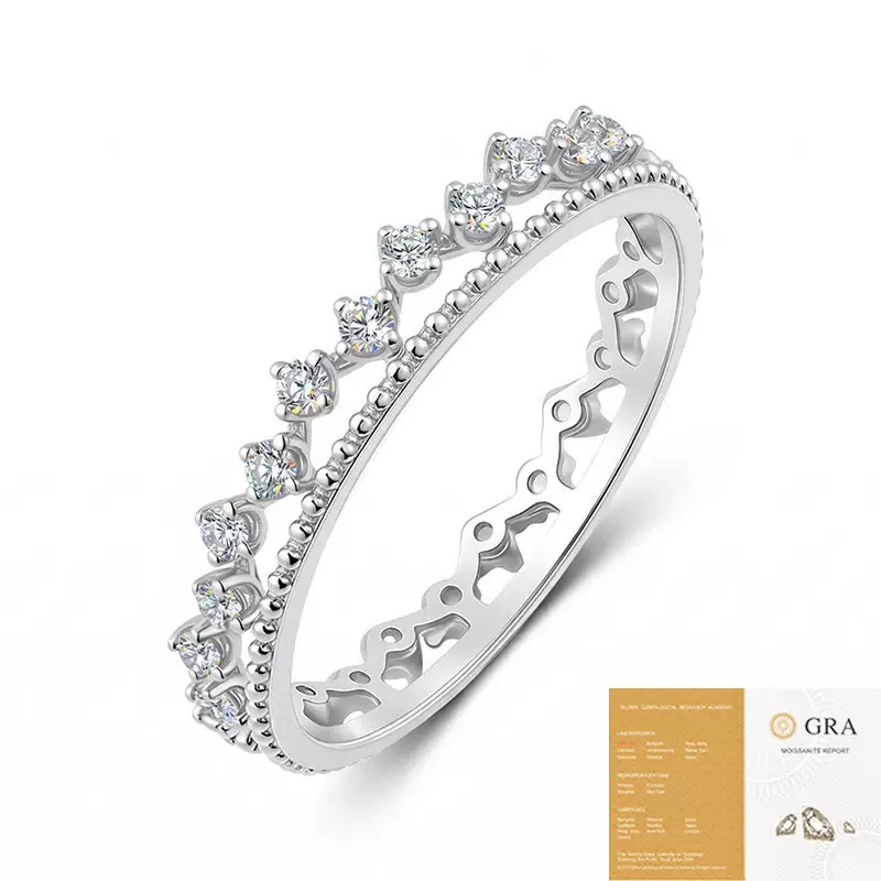 Silver S925 moissanite crown ring, full paved moissanite solid silver closed ring