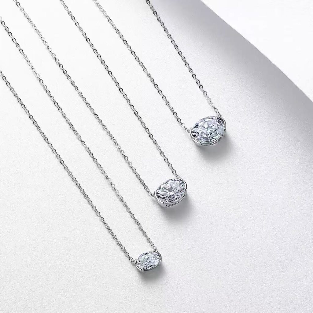 S925 Solid Silver Oval Egg Shape Moissanite Necklace, Double Side Pave Oval Clavicle Chain