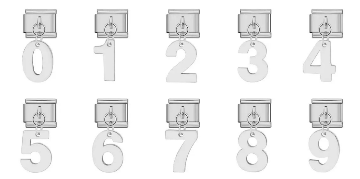 Silver stainless steel number charms, accessories for Italian modular bracelets