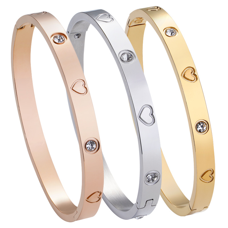 Fashion Rhinestone Heart Series, Heart Clasp Stainless Steel Bangle